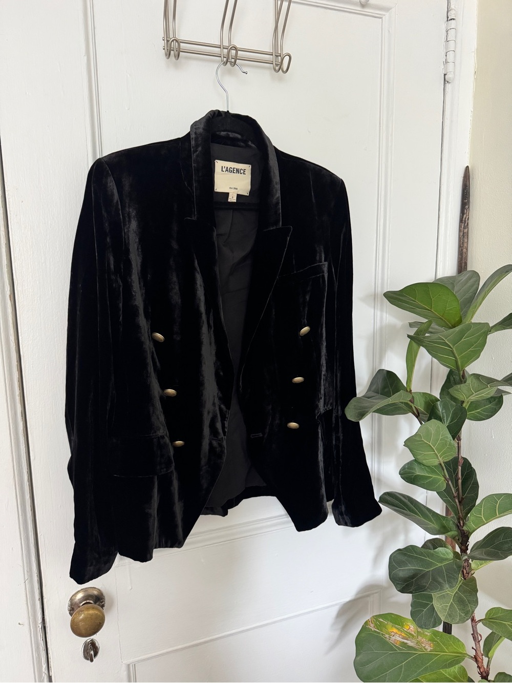 L'AGENCE Black Velvet Double-Breasted Blazer with Gold Buttons